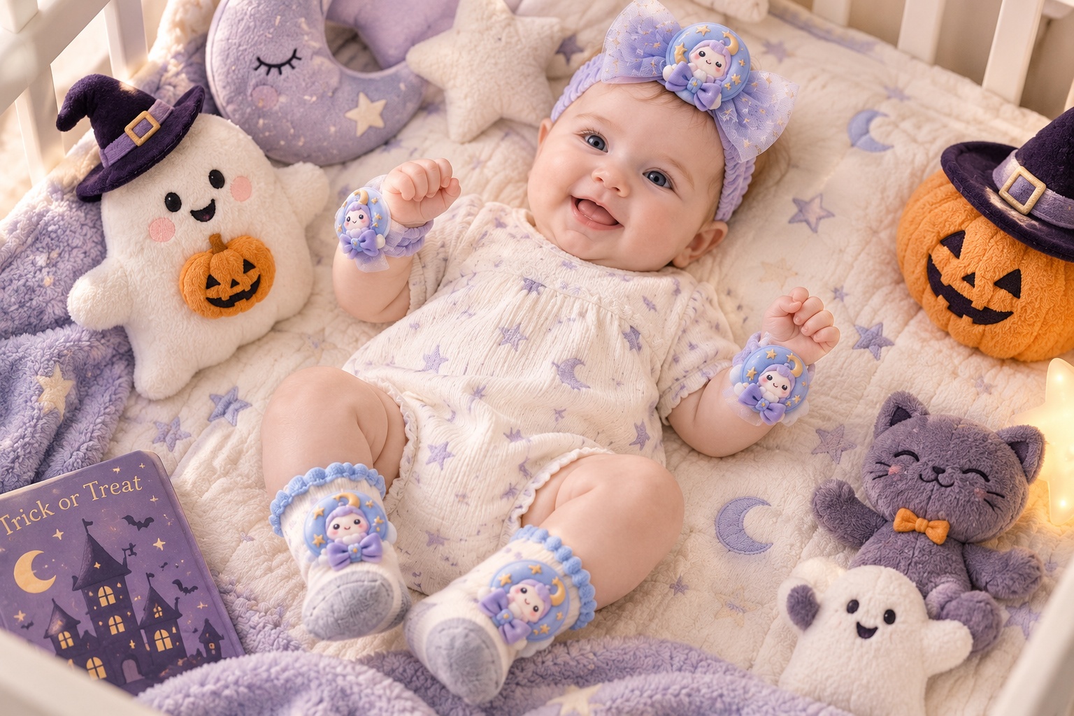 Wholesale Celestial Halloween Baby Gift Set – Moon Star Doll Tulle Headband, Socks & Wrist Rattles