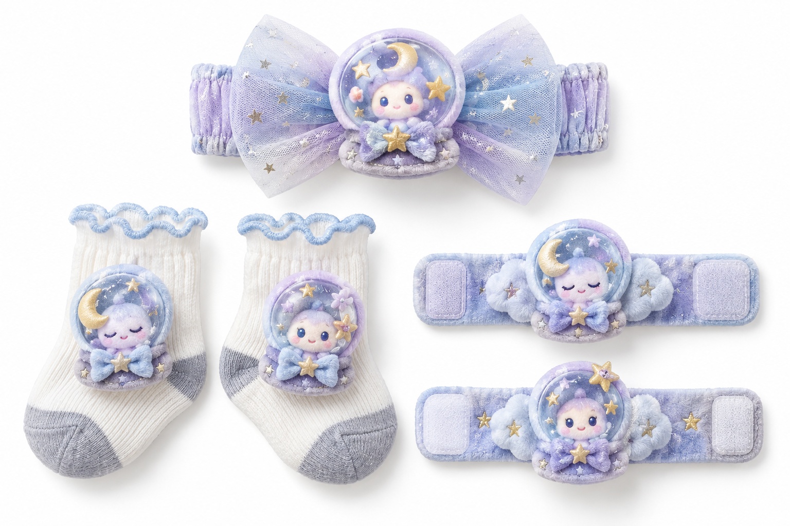 Wholesale Celestial Halloween Baby Gift Set – Moon Star Doll Tulle Headband, Socks & Wrist Rattles