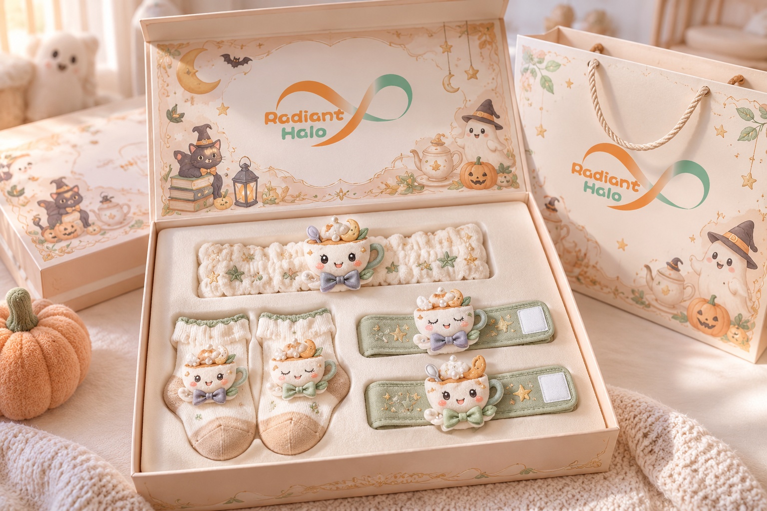 Wholesale Halloween Baby Gift Set – Plush Trick-or-Treat Basket Headband, Socks & Wrist Rattles for Boutiques