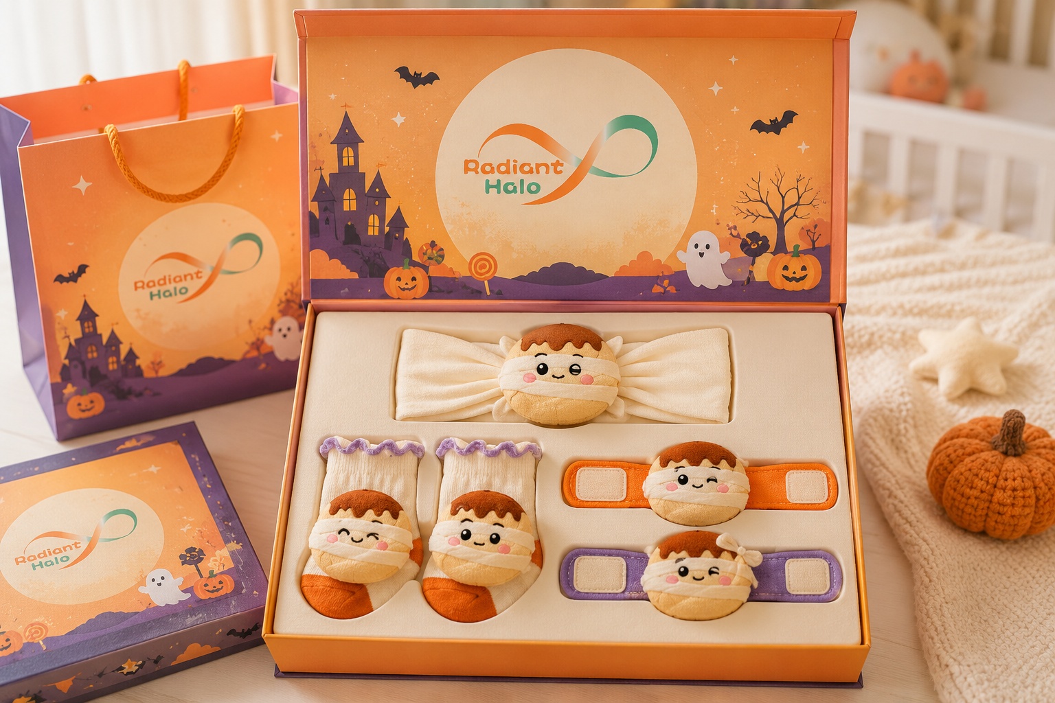 Wholesale Halloween Mummy Plush Baby Headband, Socks & Wristbands Gift Set | OEM/ODM