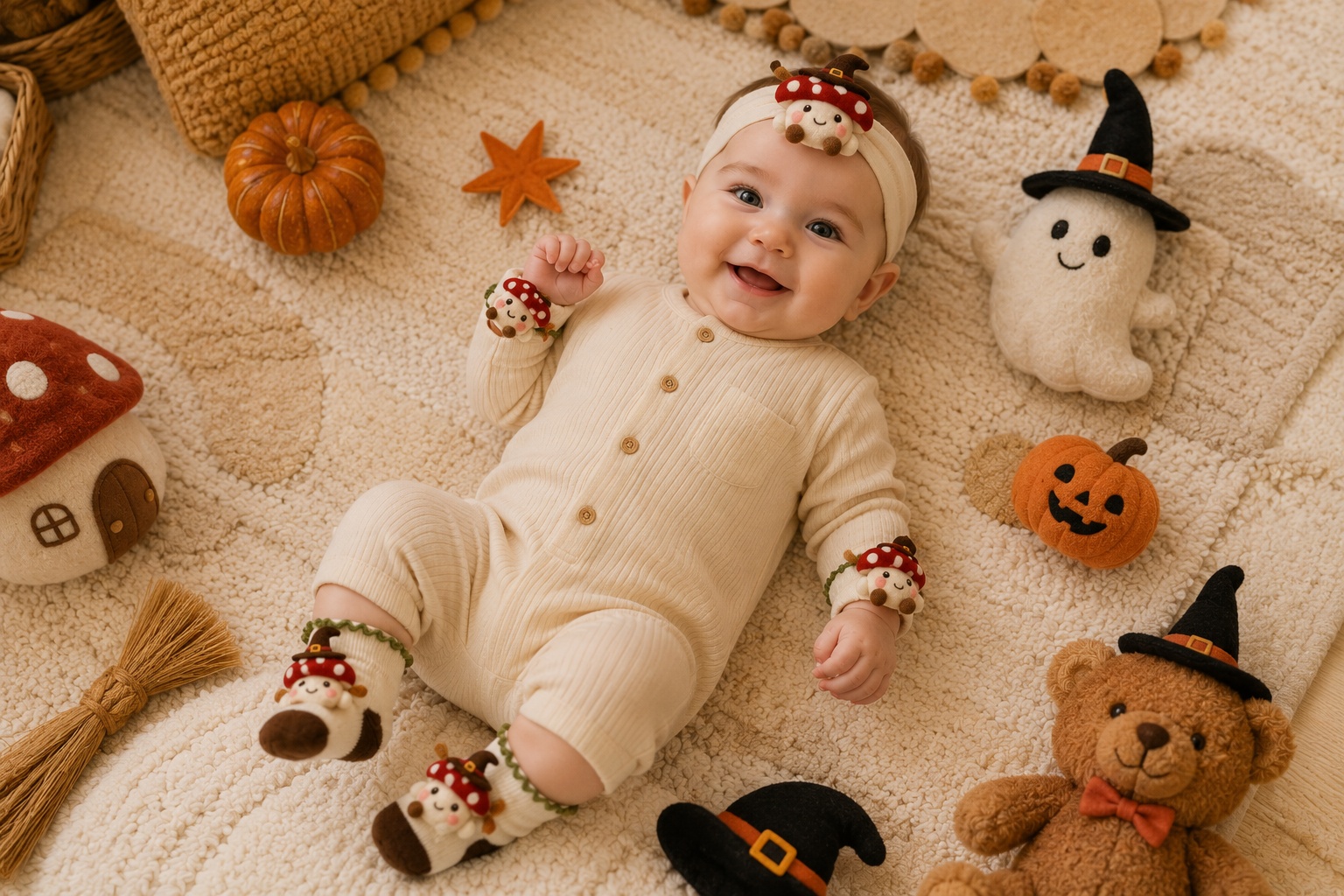 Wholesale Mushroom Baby Gift Set – Plush Character Headband, Socks & Wristbands for Boutique Retail