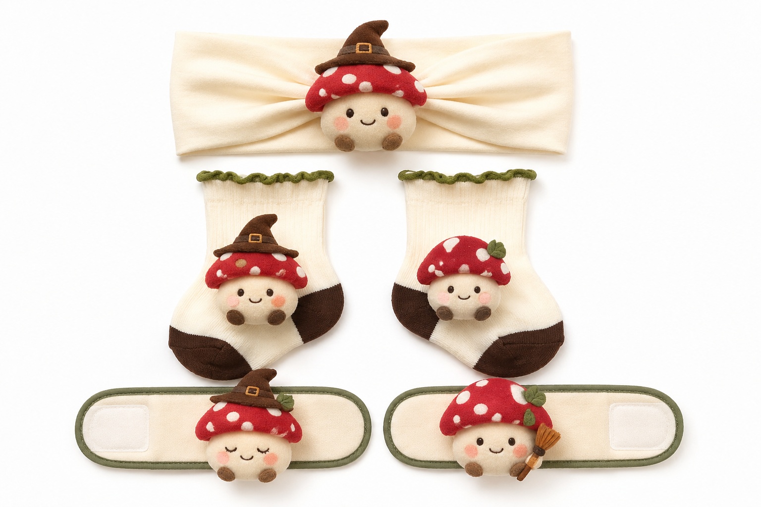 Wholesale Mushroom Baby Gift Set – Plush Character Headband, Socks & Wristbands for Boutique Retail