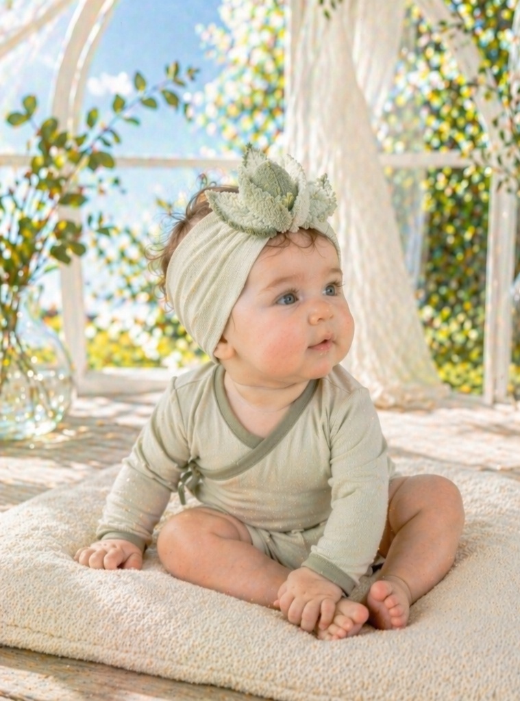 Boutique Green Floral Bud Baby Headband, Soft Elastic Infant Headwrap for Newborns