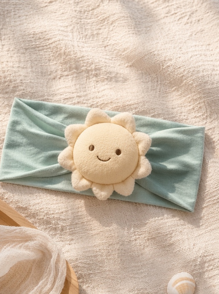 Bandeau bébé soleil souriant en peluche – forte reconnaissance visuelle et attrait B2B