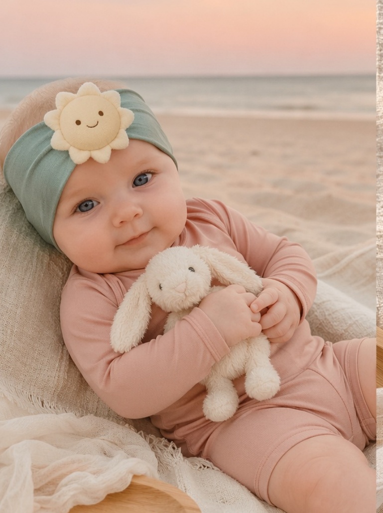 Bandeau bébé soleil souriant en peluche – forte reconnaissance visuelle et attrait B2B