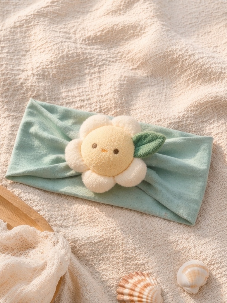 Faixa larga para bebê com flor de pelúcia cinza – estética suave, valor boutique e apelo B2B