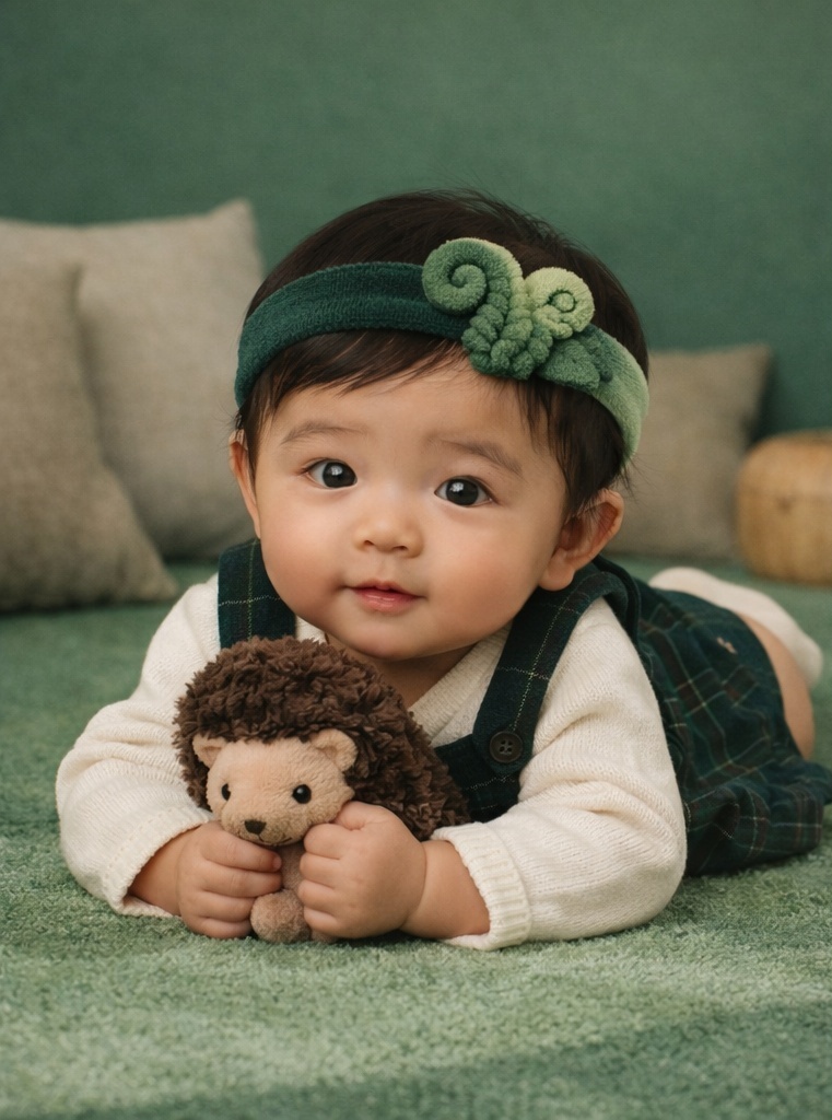 Bandeau bébé fougère peluche, pensé pour collections naturelles et ventes cadeaux à forte différenciation