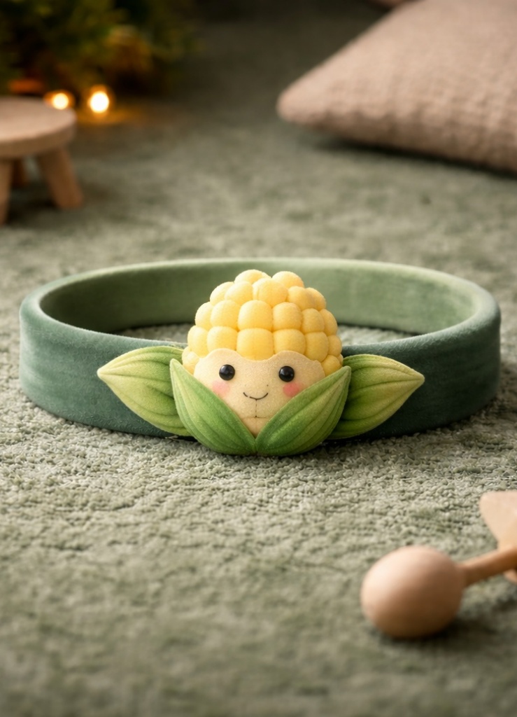 Faixa de cabeça de bebê em pelúcia com milho sorridente para atacado – visual fofo e natural que compradores B2B adoram