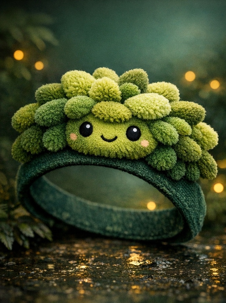 Faixa de bebê de pelúcia com personagem musgo sorridente para clientes B2B que valorizam apelo visual e coleção natural