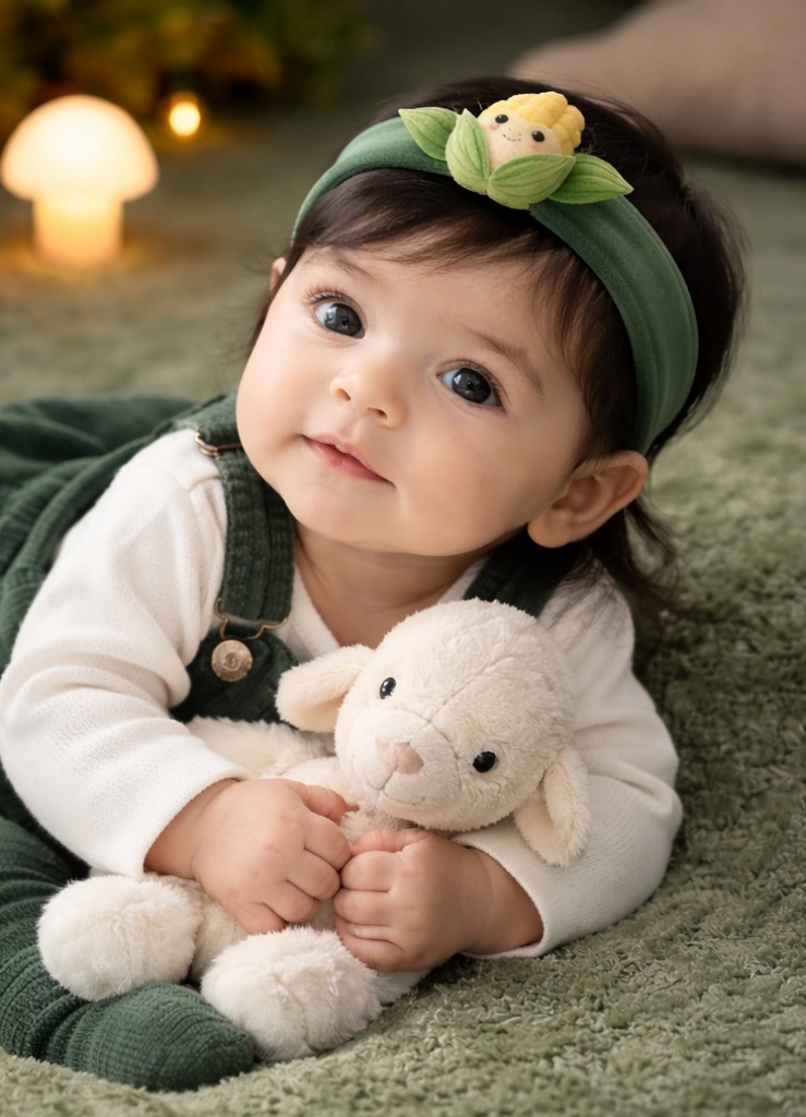 Faixa de cabeça de bebê em pelúcia com milho sorridente para atacado – visual fofo e natural que compradores B2B adoram