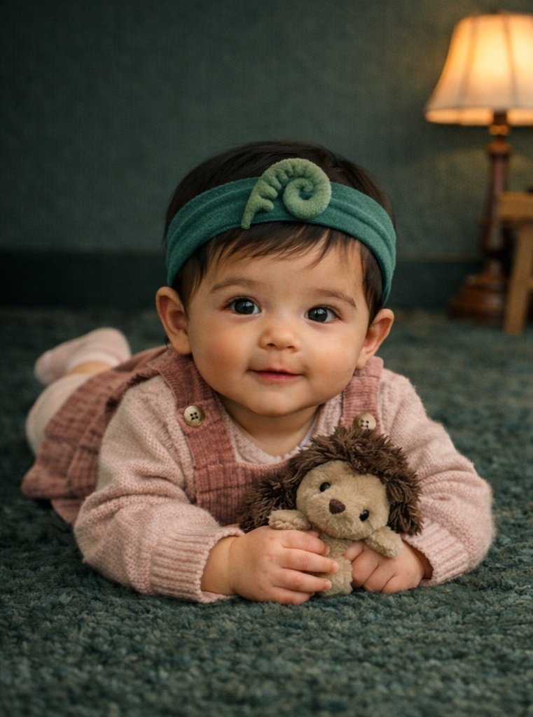 Baby-Stirnband mit Plüschfarn für naturinspirierte Geschenklinien und starke Boutique-Präsentation