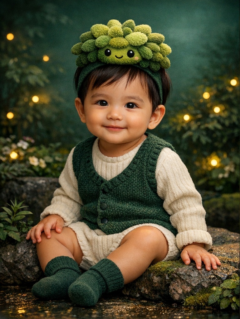 Faixa de bebê de pelúcia com personagem musgo sorridente para clientes B2B que valorizam apelo visual e coleção natural