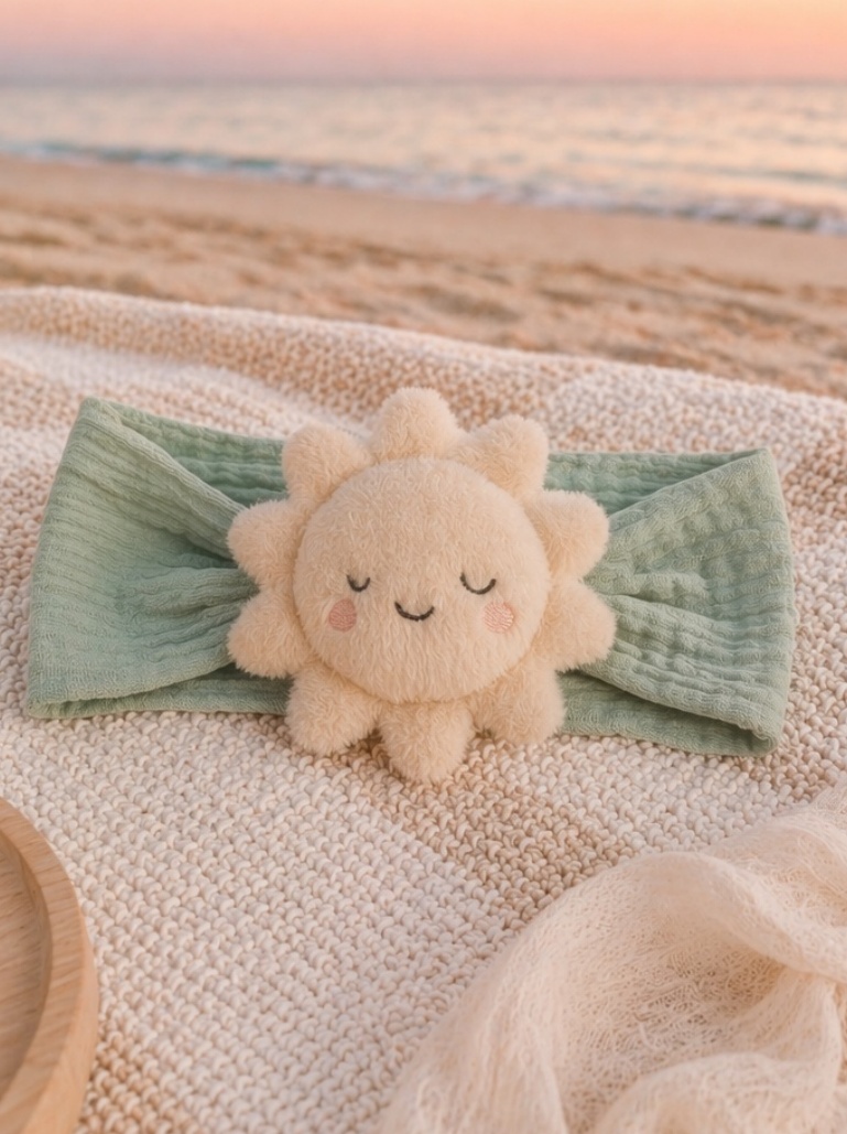 Diadema ancha para bebé con sol dormidito de peluche – ternura visual, valor regalo y atractivo B2B
