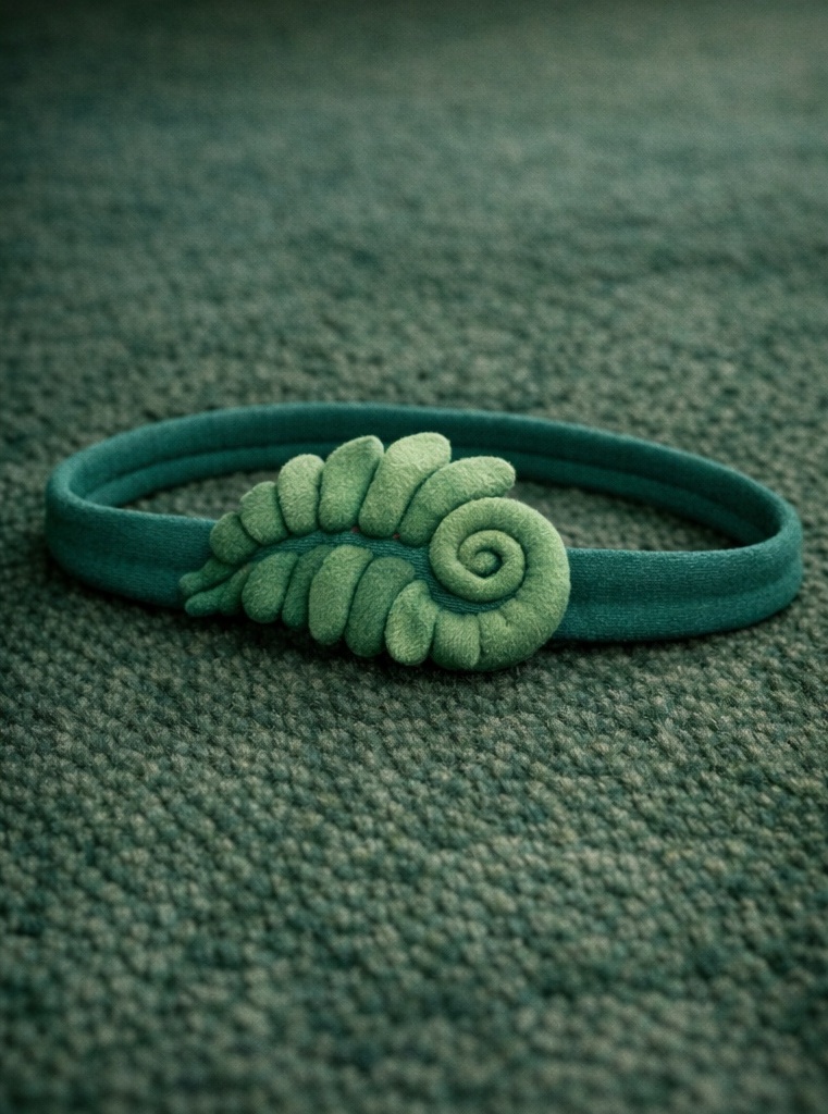 Faixa de bebê com folha espiral de pelúcia para coleções botânicas e vitrines de alto apelo visual