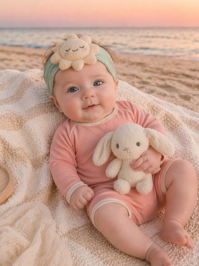 Diadema ancha para bebé con sol dormidito de peluche – ternura visual, valor regalo y atractivo B2B