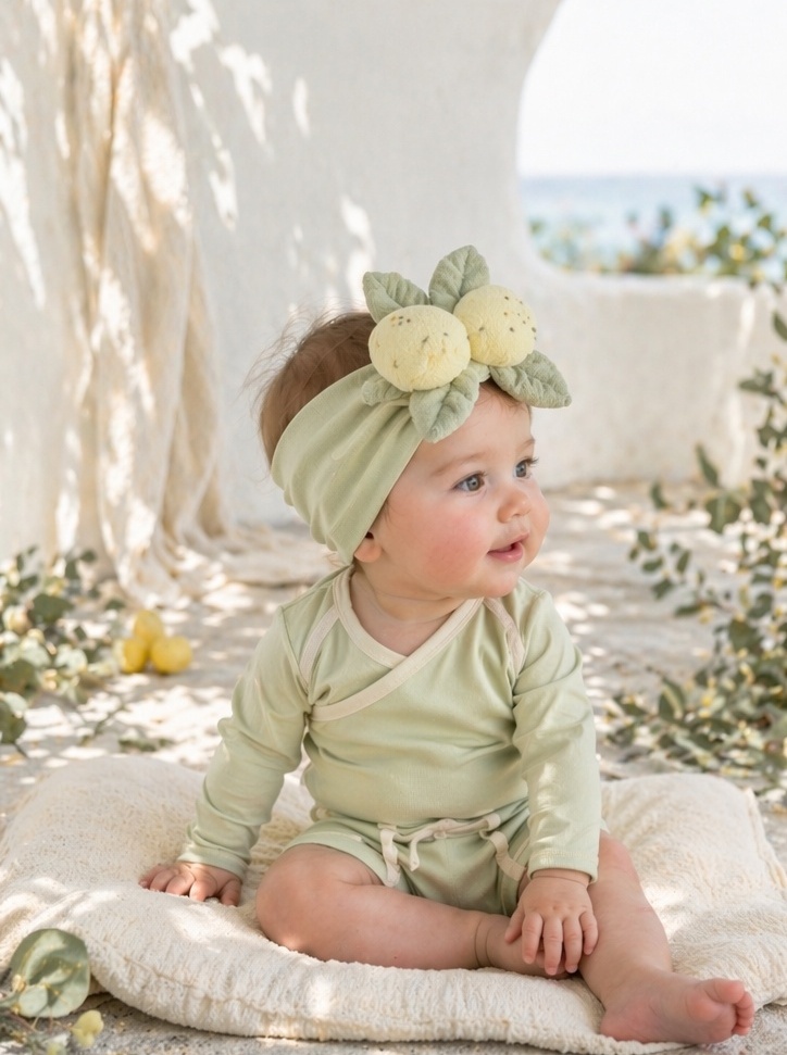 Wholesale Soft Green Baby Headband with Plush Lemon Fruit Accent for Boutique Baby Gifts
