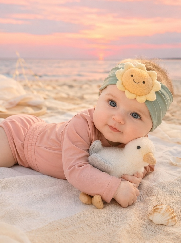 Bandeau bébé soleil souriant en peluche – visibilité en rayon et attrait B2B