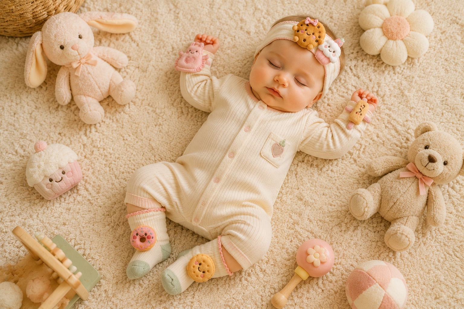 Wholesale Gift-Ready Baby Plush Doll Headband, Socks & Wristband Set with Removable Dessert Charms