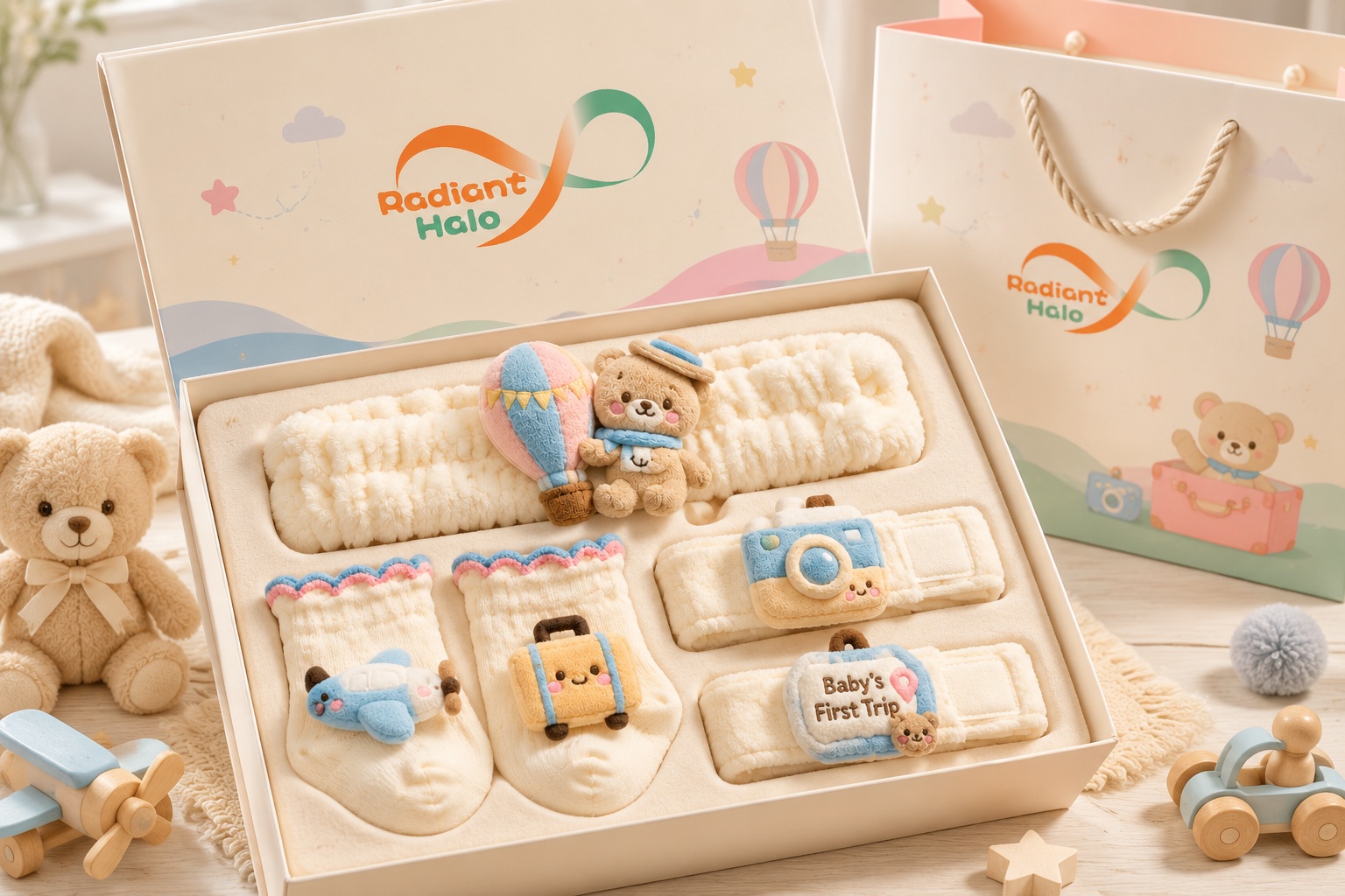 Wholesale Baby’s First Trip Plush Doll Headband Socks & Wristband Gift Set for Baby Boutiques