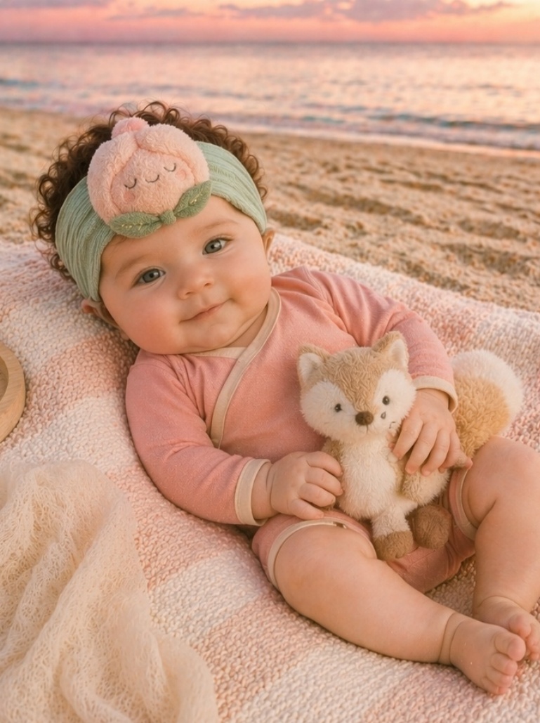 Baby-Headwrap mit schlafender Pfirsich-Plüschfigur – sanfte Bildsprache und B2B-Geschenkpotenzial