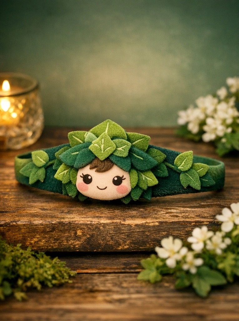 葉っぱの冠をかぶったベビーぬいぐるみヘッドバンド｜BtoB向けに売りやすい森系デザインとギフト感