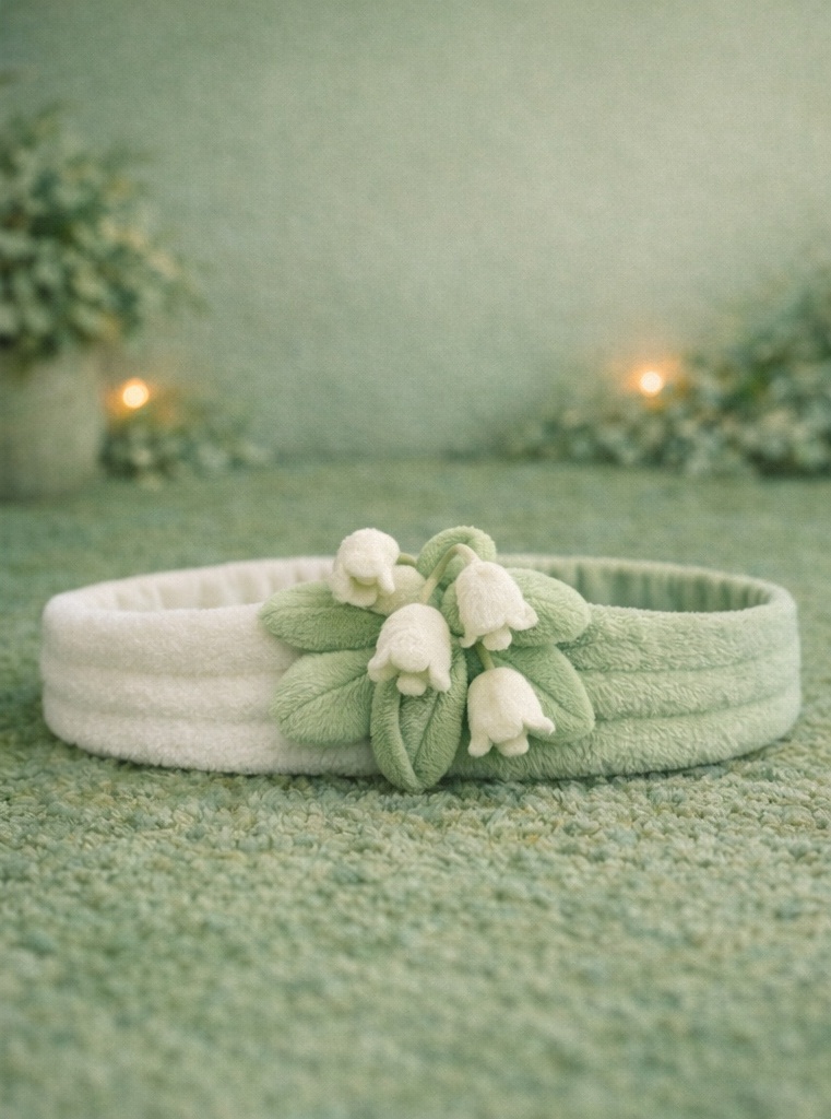 Bandeau bébé muguet peluche, conçu pour lignes cadeaux douces et vitrines boutique naturelles