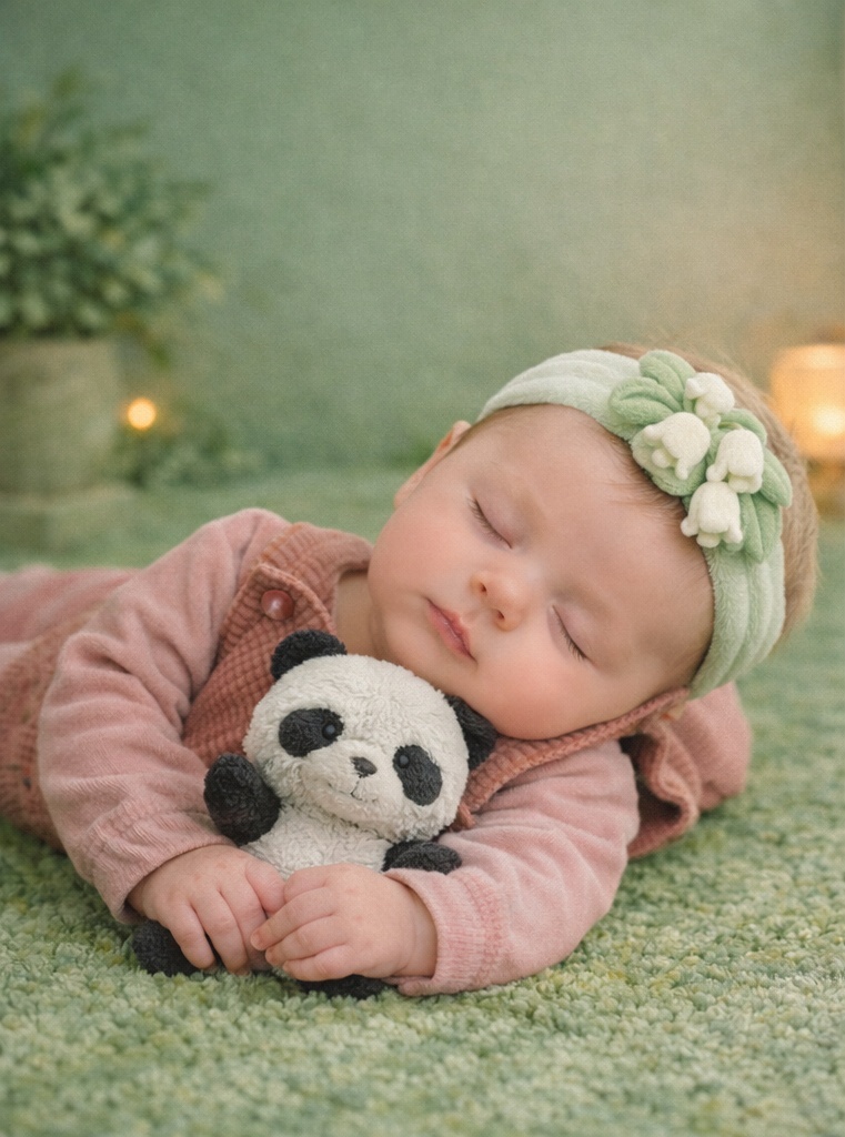 Bandeau bébé muguet peluche, conçu pour lignes cadeaux douces et vitrines boutique naturelles