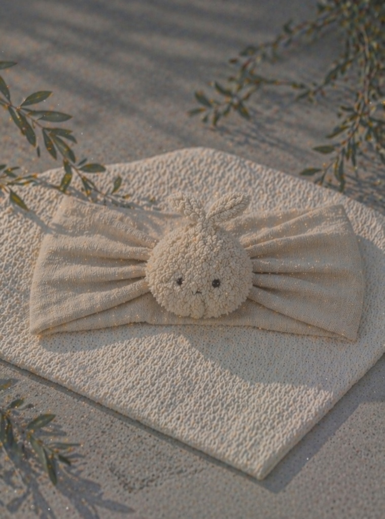 Boutique Cream Bunny Doll Baby Headband, Soft Elastic Newborn Hair Band