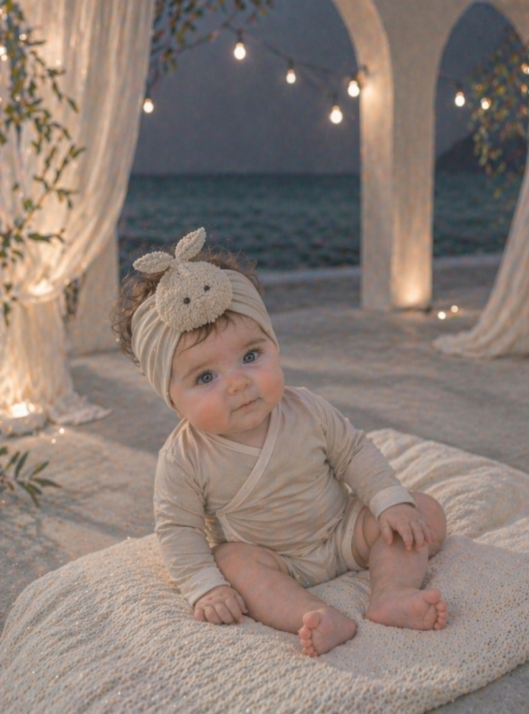Boutique Cream Bunny Doll Baby Headband, Soft Elastic Newborn Hair Band