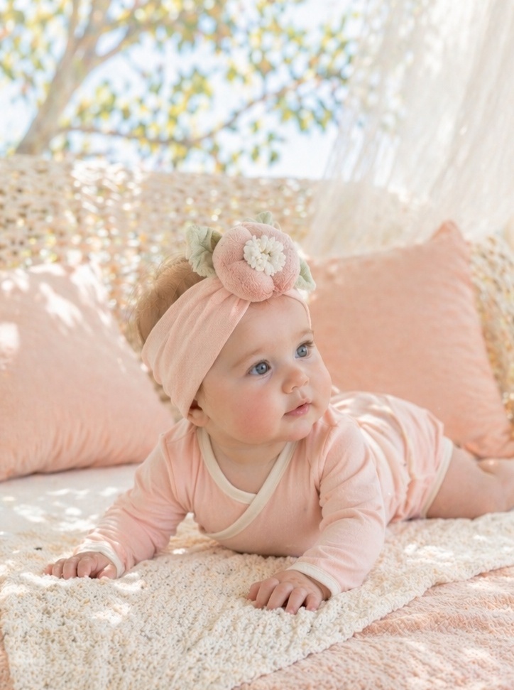Custom Pink Peach Blossom Plush Baby Headband for Baby Shower Gifts and Boutique Collections