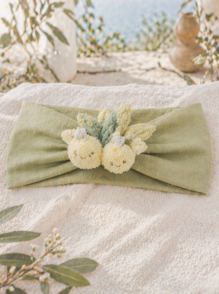 Wholesale Soft Green Baby Headband with Cute Plush Fruit Doll Accent for Boutique Baby Gifts