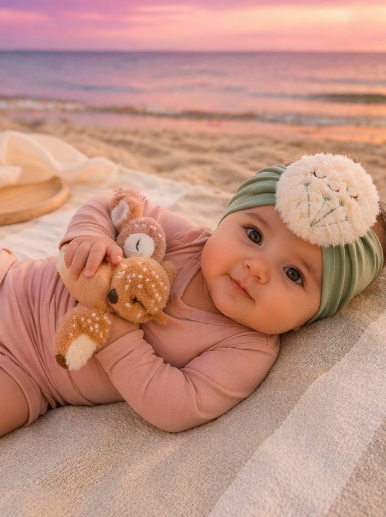 Bandeau bébé fleur cotonneuse endormie – douceur visuelle et valeur cadeau B2B