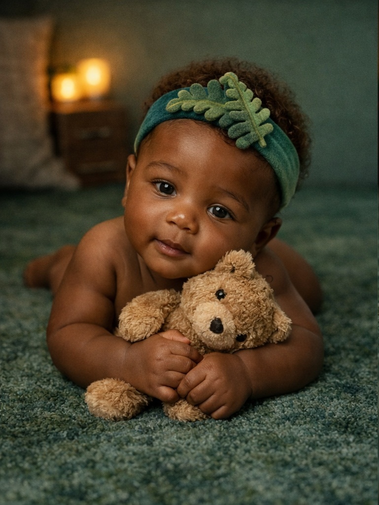 Bandeau bébé en peluche avec duo de feuilles botaniques pour acheteurs B2B recherchant simplicité naturelle et style boutique