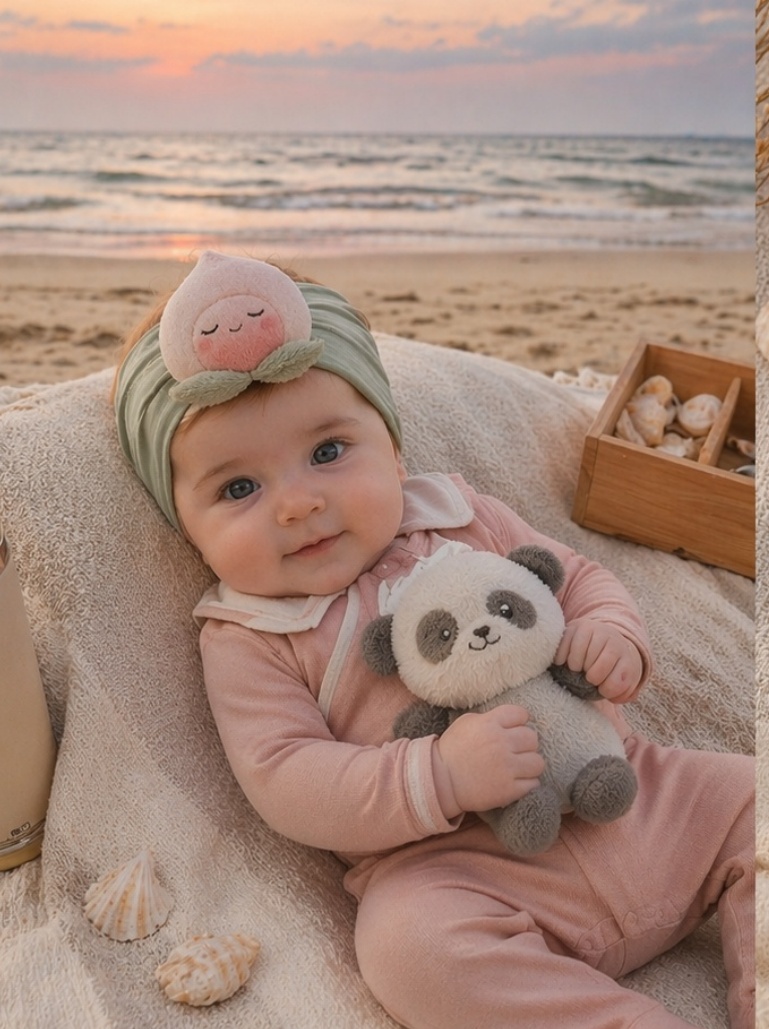 Baby-Headwrap mit schlafender Pfirsichknospe – sanfte Boutique-Optik und B2B-Geschenkpotenzial