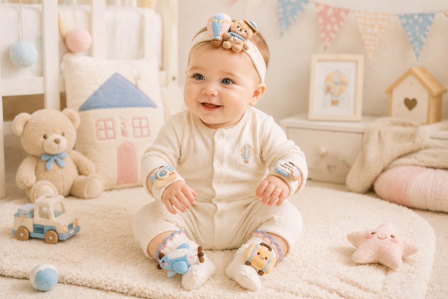 Wholesale Baby’s First Trip Plush Doll Headband Socks & Wristband Gift Set for Baby Boutiques