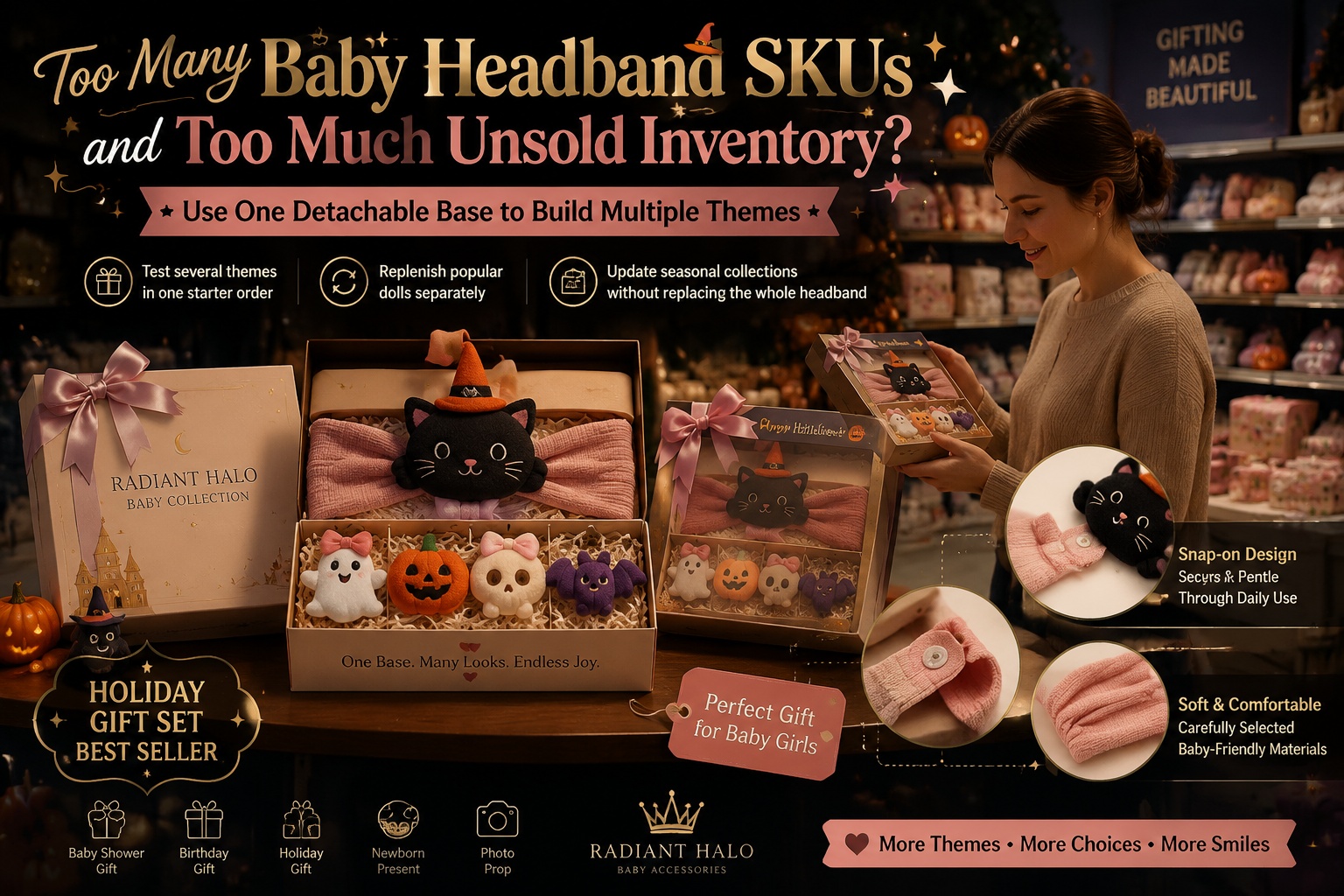 Too Many Baby Headband SKUs and Too Much Unsold Inventory? Use One Detachable Base to Build Multiple Themes