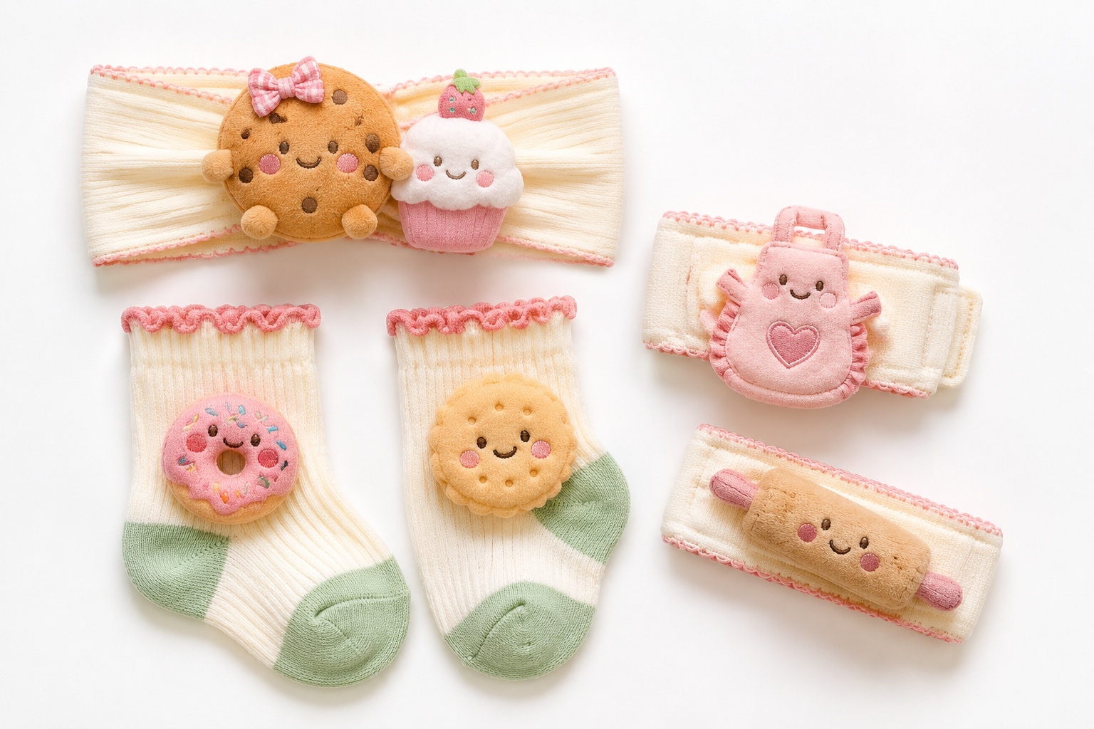 Wholesale Gift-Ready Baby Plush Doll Headband, Socks & Wristband Set with Removable Dessert Charms