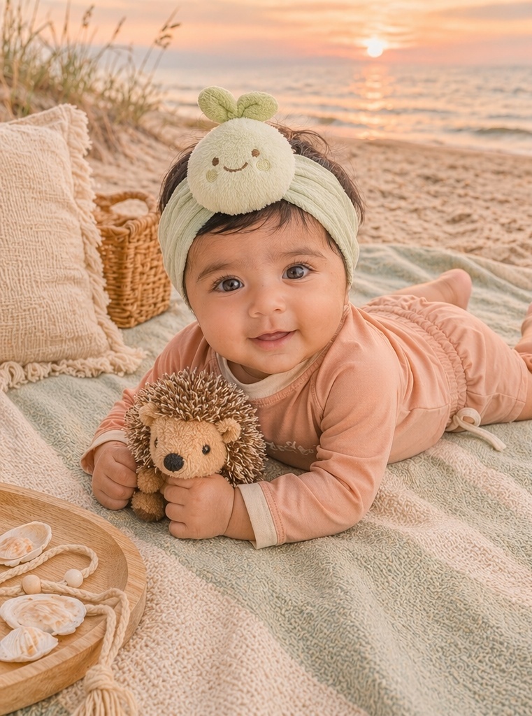 Bandeau bébé poupée bourgeon, pensé pour collections naturelles tendres et ventes cadeaux à fort impact