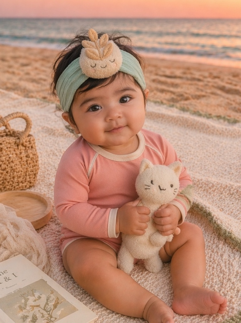 Faixa larga para bebê com brotinho de trigo dorminhoco em pelúcia – estética natural, valor boutique e apelo B2B