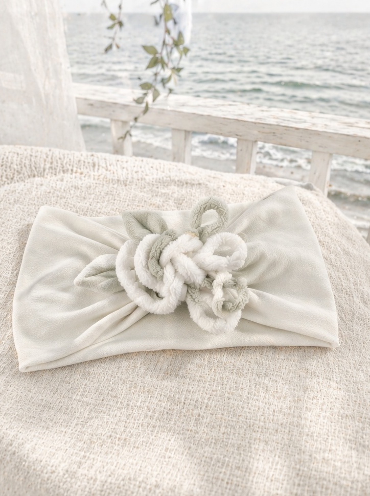 Boutique White Floral Vine Baby Headband with Plush Applique for Premium Infant Gift Sets