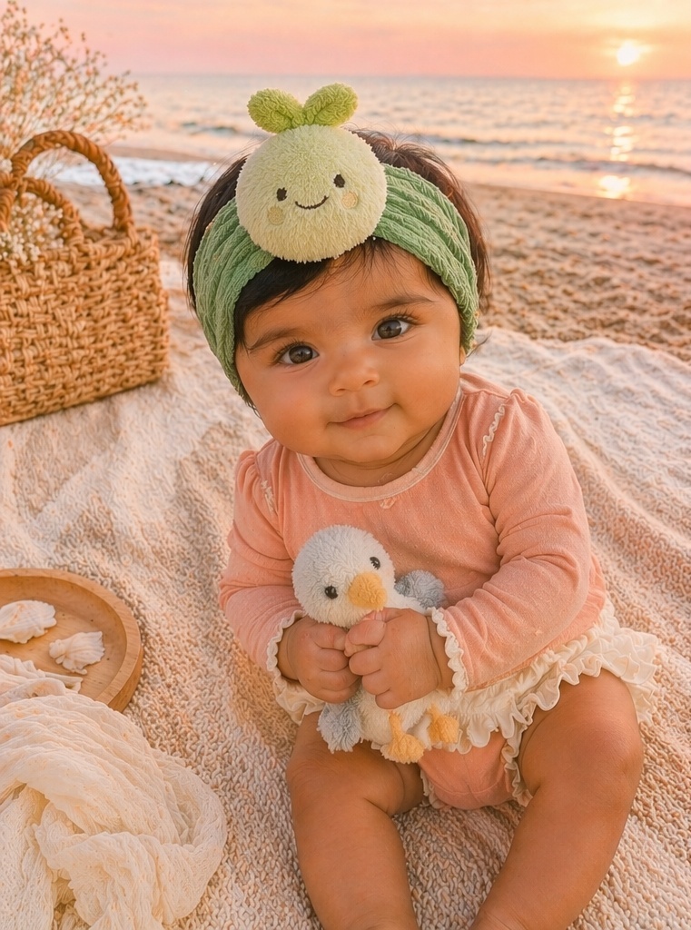 Breites Baby-Stirnband mit fröhlicher Sprossen-Plüschfigur für naturinspirierte Geschenk- und Boutiquekollektionen