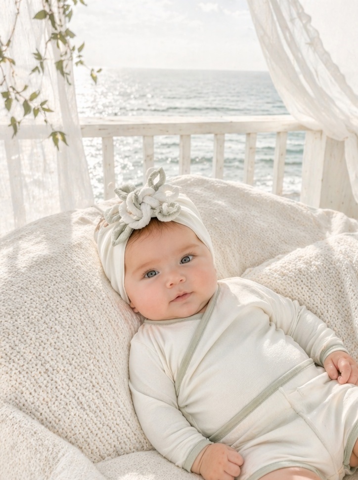 Boutique White Floral Vine Baby Headband with Plush Applique for Premium Infant Gift Sets