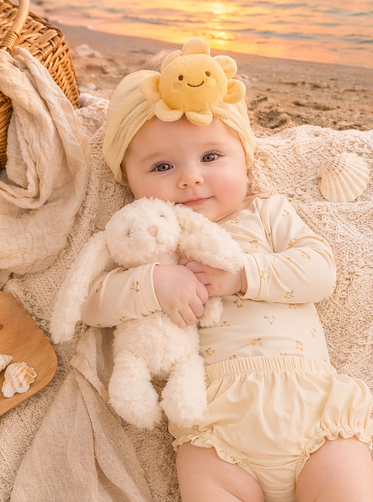 Bentiță baby cu soare-pluș zâmbitor pentru colecții cadou și prezentare caldă în retail