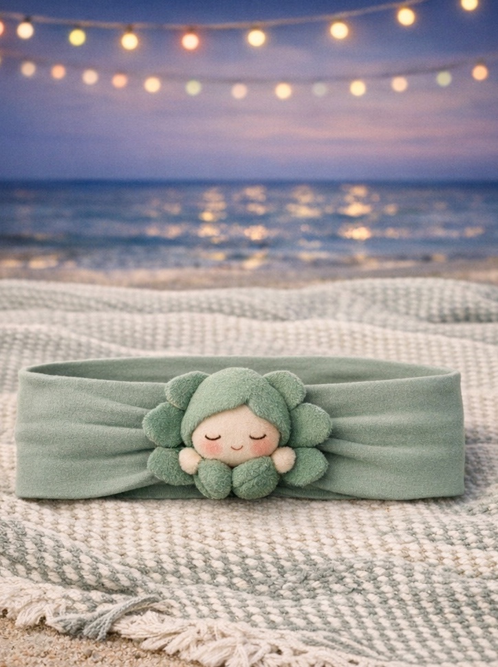 OEM Soft Green Plush Flower Doll Baby Headband for Boutique Newborn Accessories