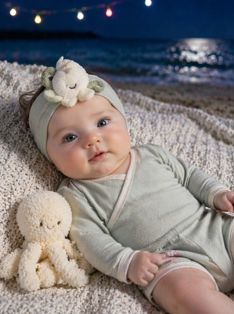 Baby-Headwrap mit flauschiger Samenfigur – sympathischer Regalauftritt und B2B-Potenzial