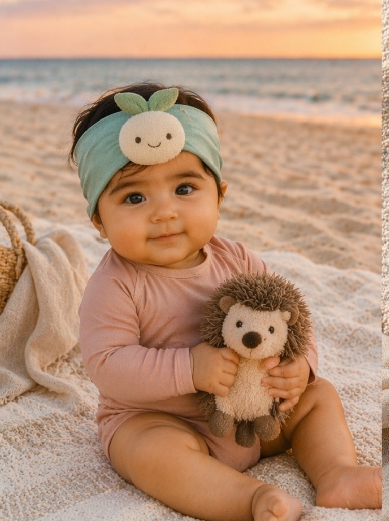 Faixa larga para bebê com brotinho sorridente em pelúcia – apelo gentil, valor boutique e força B2B