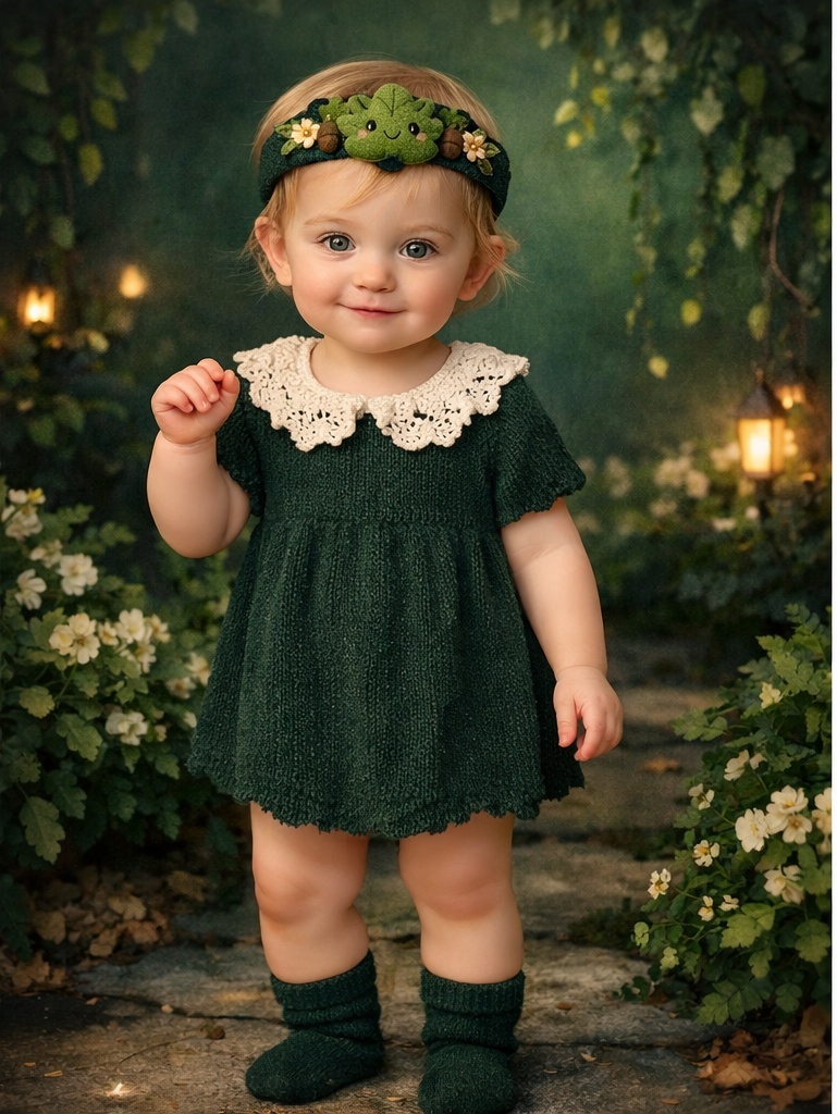 Bandeau bébé en peluche avec feuille souriante, glands et fleurs pour acheteurs B2B recherchant un fort attrait boutique