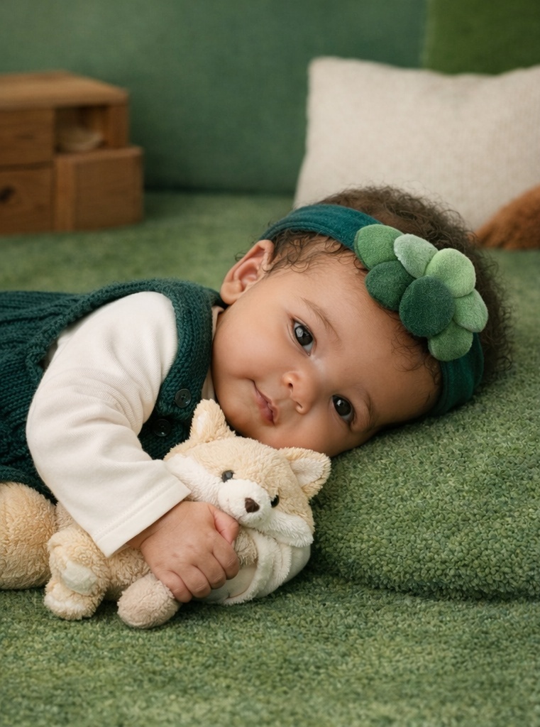 Baby-Stirnband mit weicher Kugelblüten-Plüschapplikation für naturinspirierte Geschenk- und Boutiquekollektionen