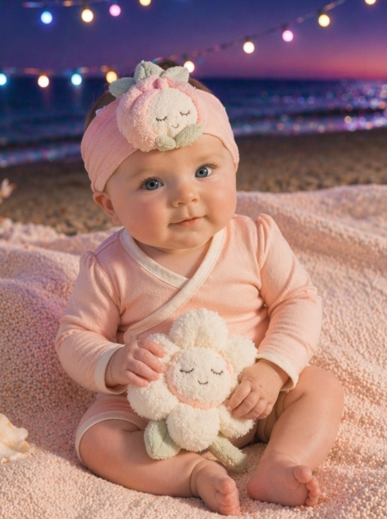 Bandeau bébé en peluche bouton fleuri endormi – douceur visuelle, attrait cadeau et potentiel B2B