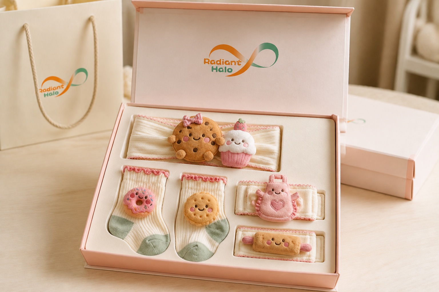 Wholesale Gift-Ready Baby Plush Doll Headband, Socks & Wristband Set with Removable Dessert Charms